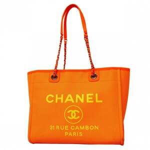 Chanel Deauville Chain Tote Bag, Orange/Yellow, Canvas, Women's